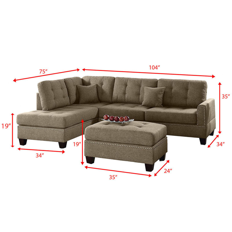 Romulus Upholstered L-Shaped Sectional Reversible, Coffee Polyester Blend