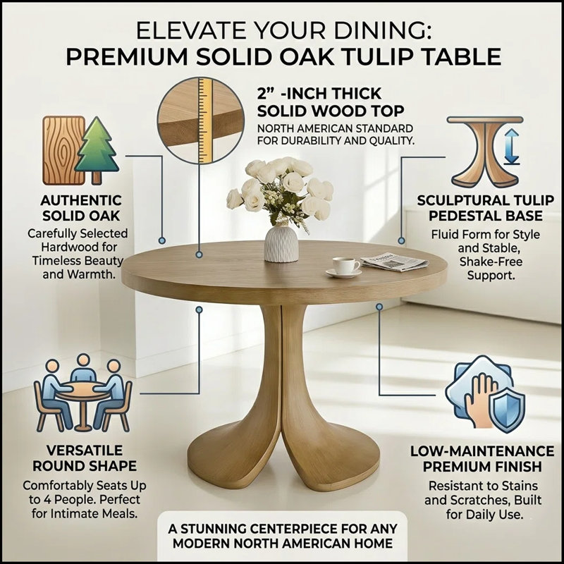 Aurora Luxury Solid Wood Round Dining Table - 2” Thick Tabletop With Sculptural Pedestal Base - Mid-Century Modern Centerpiece For Kitchen & Dining Room