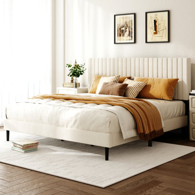 Structure de très grand lit, lit plateforme tapissier en velours avec tête de lit réglable en hauteur, structure robuste et lattes, conception silencieuse, compatible avec les matelas sans ressorts, facile à assembler, beige