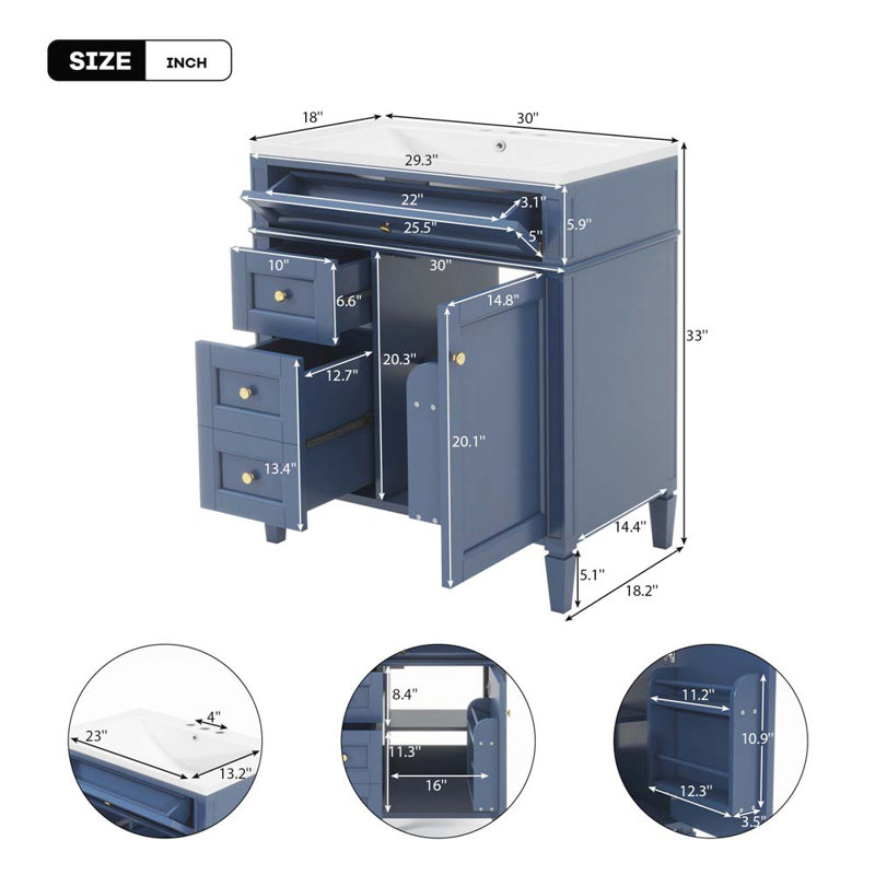 Meuble-lavabo simple 30,11 avec comptoir, Bleu