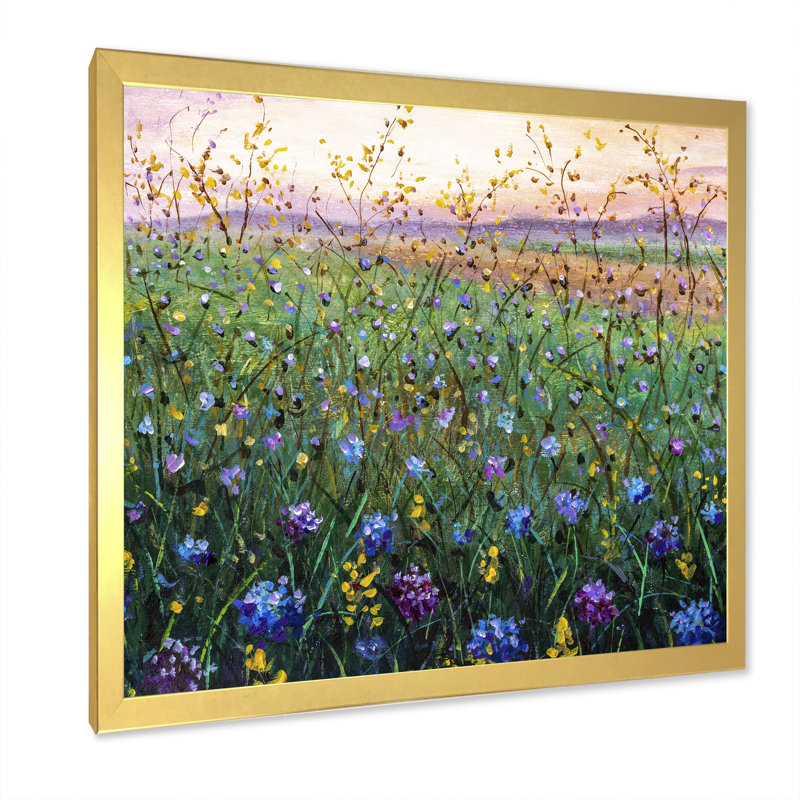 Champ vibrant de fleurs sauvages - Peinture, L 36 po x H 36 po, Toile encadrée dorée