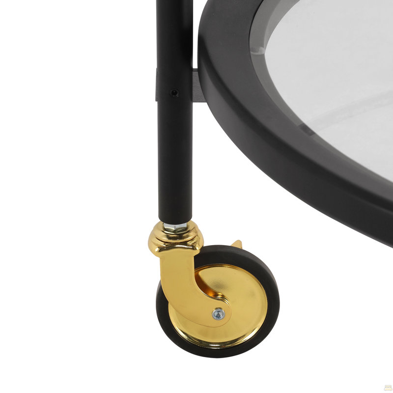 Chariot-bar rond moderne avec tablettes en verre trempé et accents dorés