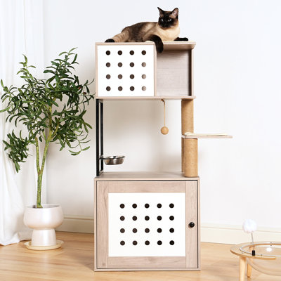 Arbre à chat d'intérieur gris et blanc avec bac à litière, comprenant un grand couchage, un espace nourriture et des poteaux à griffer, au design moderne.