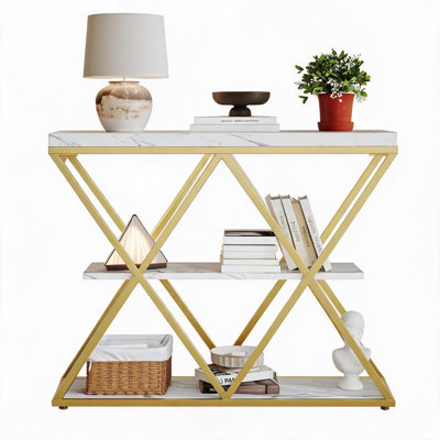 3 Tier Console Table, 39" Industrial Entryway Table, Open Wood Shelves
