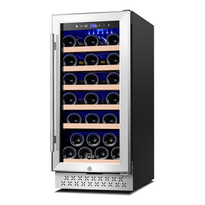 15 Inch Wine Cooler Under Counter, 30 Bottles Built-in Wine Fridge with Stainless Steel Tempered Glass Door