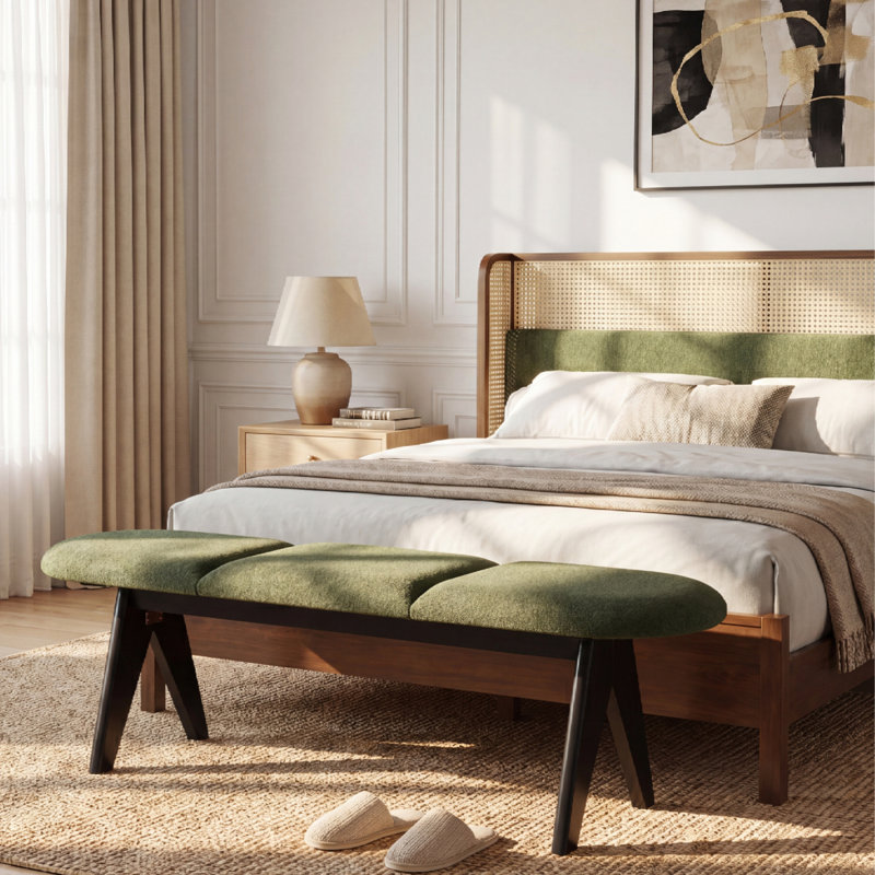 Banc rembourré avec pieds en bois noir, siège en tissu vert, fabrication en bois massif et manufacturé, capacité de 250 lb, banc d'entrée 53 po pour le salon et la chambre à coucher