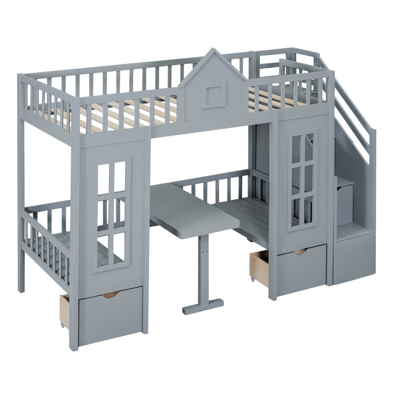 Bunk Bed With Changeable Table, Bunk Bed Turn Into Upper Bed And Down Desk, Twin, Gray