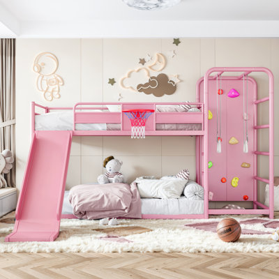 Lit superposé enfant en métal tubulaire rond, taille simple, avec glissade, panier de basketball, anneaux de traction, mur d'escalade et étagères intégrées, rose