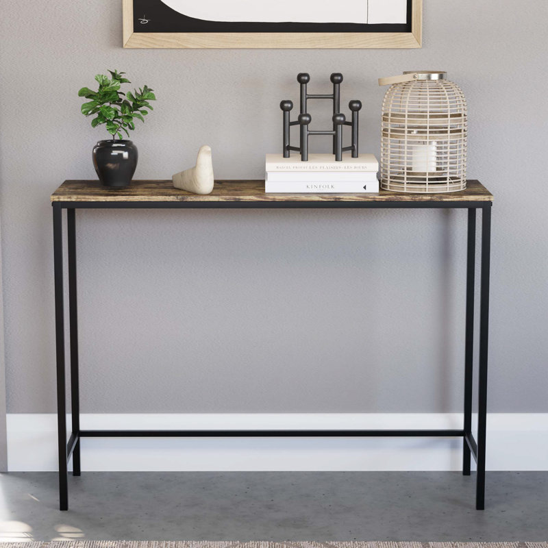 Sylvie 100Cm Industrial Style Slim Console Table With Metal Legs For Hallway and Living Room, Dark Wood