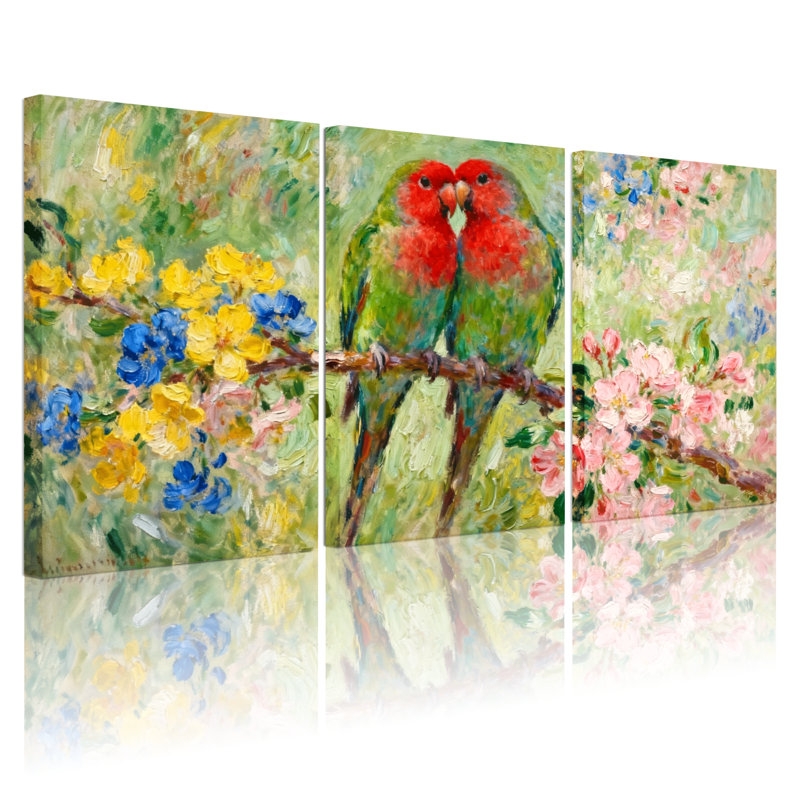 Oiseaux oiseaux colorés sur des branches fleuries, ensemble de 3 impressions sur toile, H 30 po x l 60 po