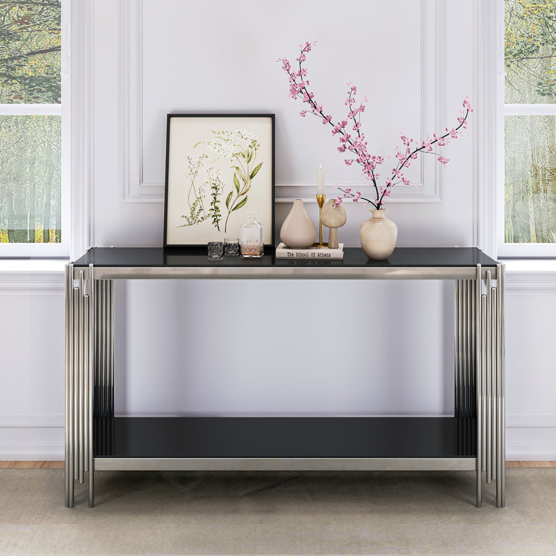 Clodoveo 47.24'' Glass Top Console Table, Black, Silver