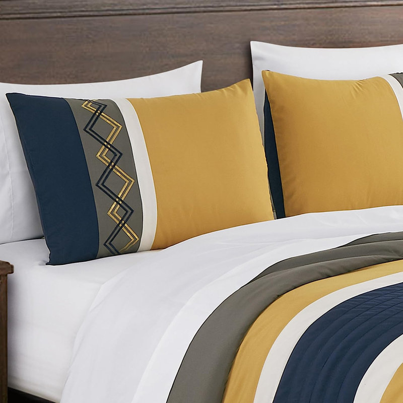 7-Piece Modern Pleated Stripe Embroidered Comforter Set with Sheets, California King Comforter + 6 Additional Pieces