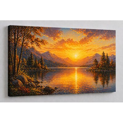 Impression sur toile 24 x 36 pouces, grande réflexion dorée sur toile Lake Sunset, reflet de la nature tranquille avec arbres et montagnes