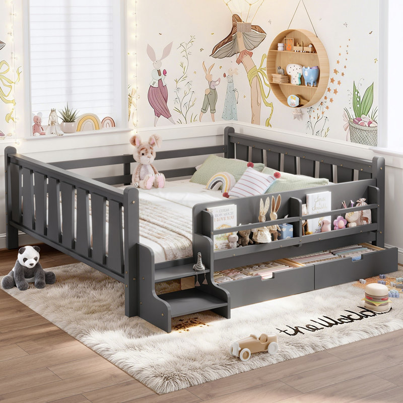 Lit sur pied avec tiroirs de rangement, escaliers mignons et garde-corps, Grand lit, Gris