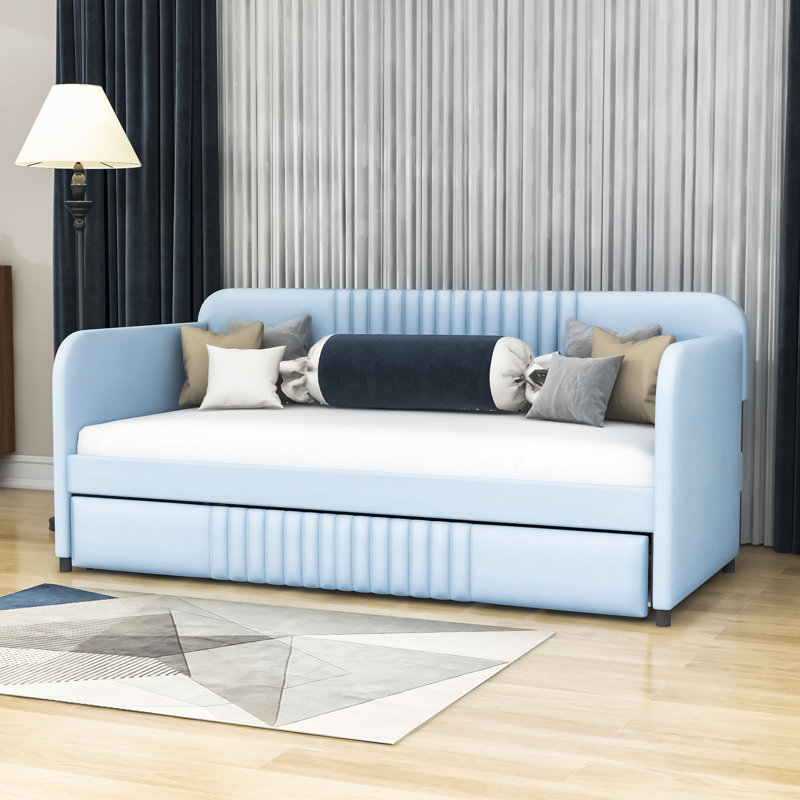 Deyan Twin Size Upholstered Daybed with Twin Size Trundle and Wood Slat, Blue