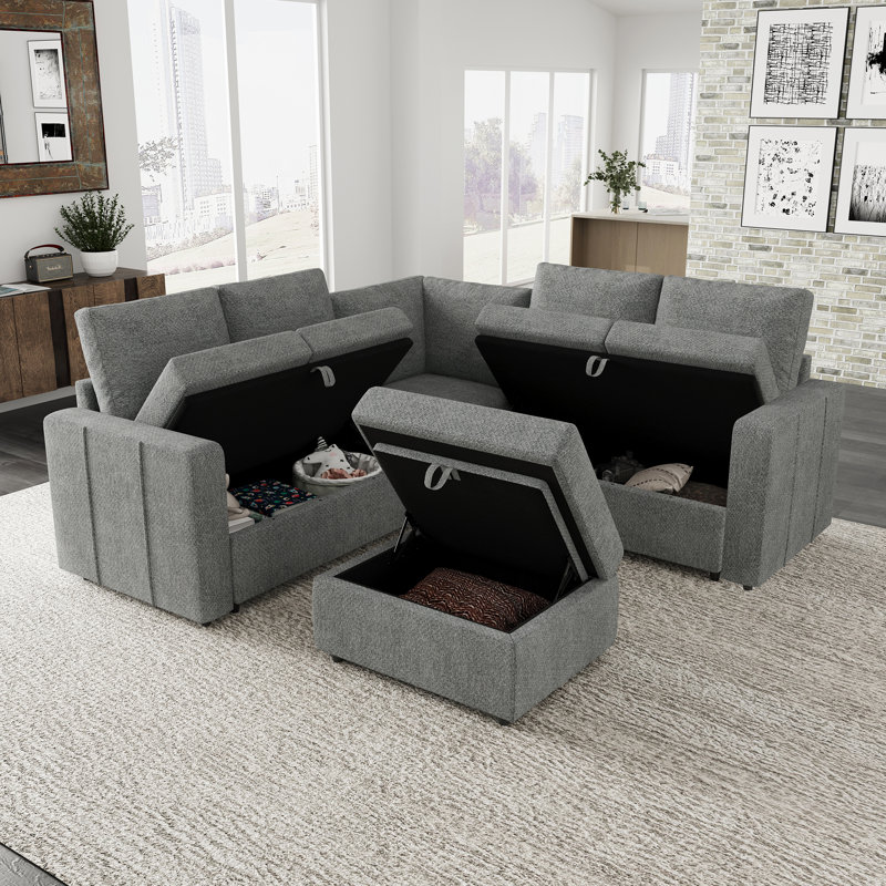 Aubade L-Shaped Modular Storage Sofa Set, Light Gray Chenille