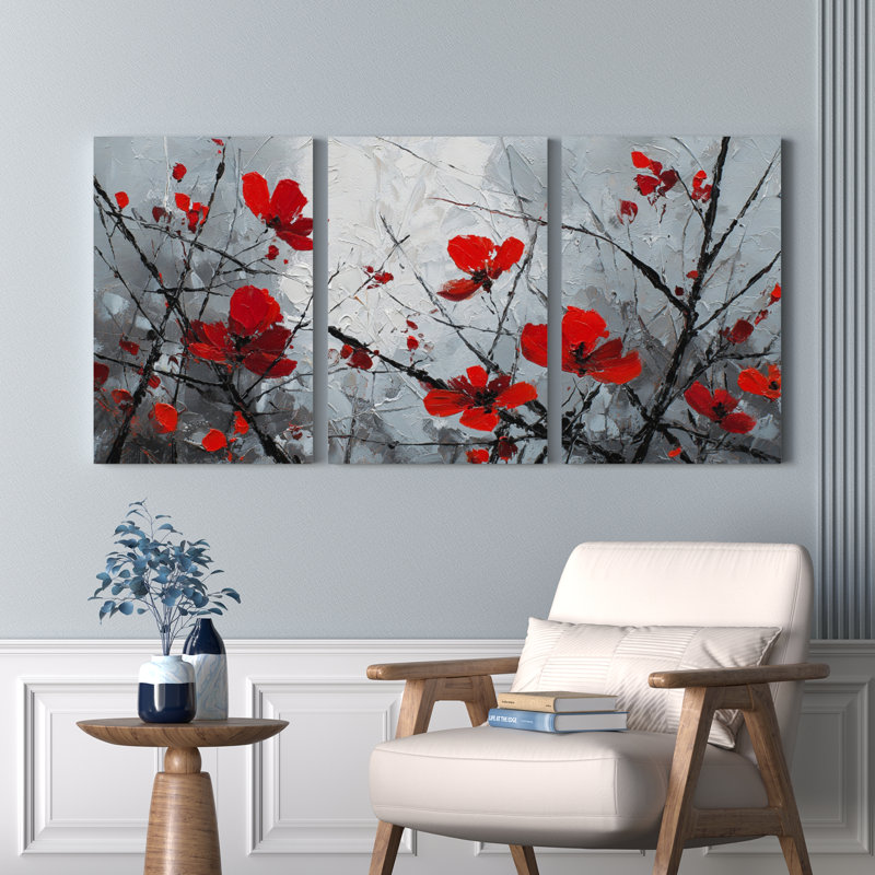 Ensemble de 3 tableaux abstraits floraux à motif de coquelicots rouges sur toile tendue, H 18 po x l 36 po