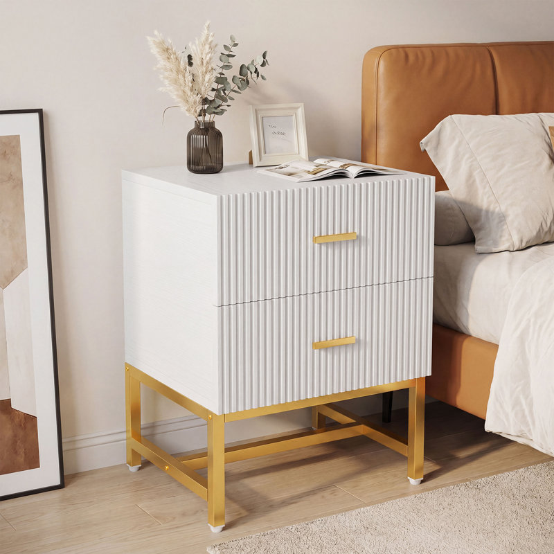Table de chevet en fer avec 2 tiroirs, Blanc, 1