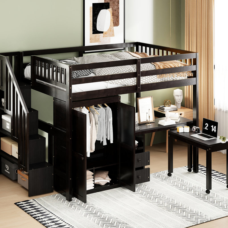 Lit mezzanine pleine grandeur pour les adolescents et les adolescents avec escaliers, bibliothèque, tiroirs, bureau et garde-robe - Luminaire de chambre à coucher optimisant l'espace