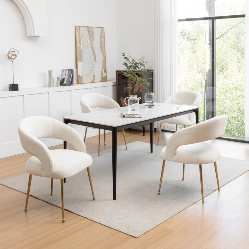 Beige Velvet Upholstered Arm Chair with Gold Metal Legs