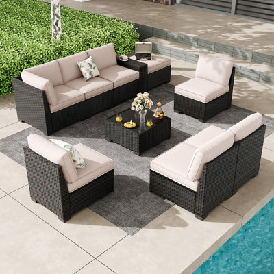 9 Pieces Outdoor Patio Furniture Set, Wicker Conversation Sets with Tea Table, Rattan Patio Sofa with Thick Cushions for Garden, Backyard Porch, Pools