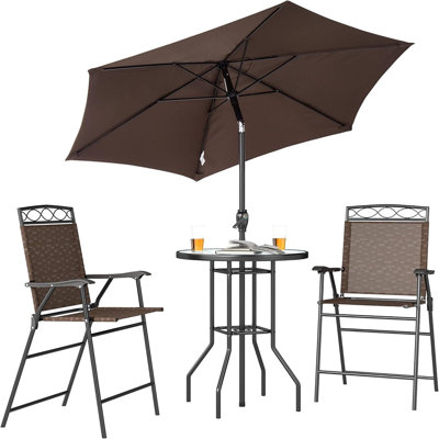 Ensemble de mobilier de patio 4 pièces, 2 chaises pliantes, parasol à angle réglable, verre trempé texturé Wave