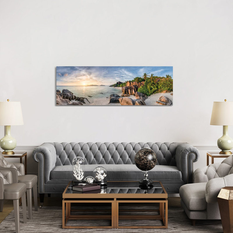 Panoramic Sunset View At Anse Source D'argent Beach, La Digue, Seychelles by Jan Becke - Wrapped Canvas Panoramic Print