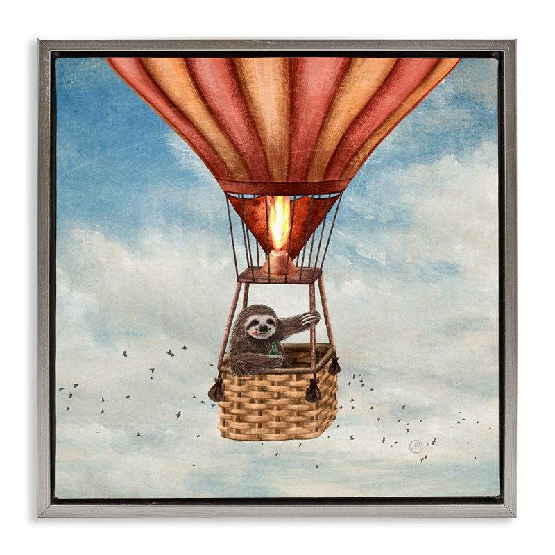 Paresseux en montgolfière, Cadre flottant gris lustré, H 18 po x l 18 po