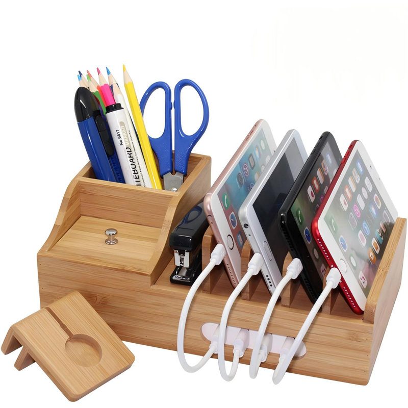 Bamboo Charging Station For Multiple Devices Include 5 Port USB Charger, 5 Cables,Style 1