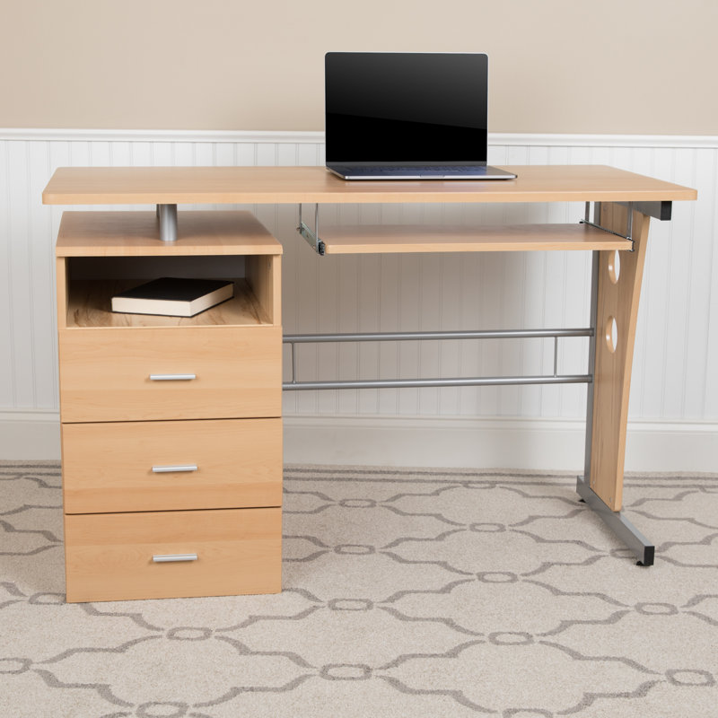 Picabo Computer Desk with Three Drawer Single Pedestal and Pull-Out Keyboard Tray, Maple