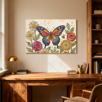 Animaux, art floral sur toile, jardin de papillons