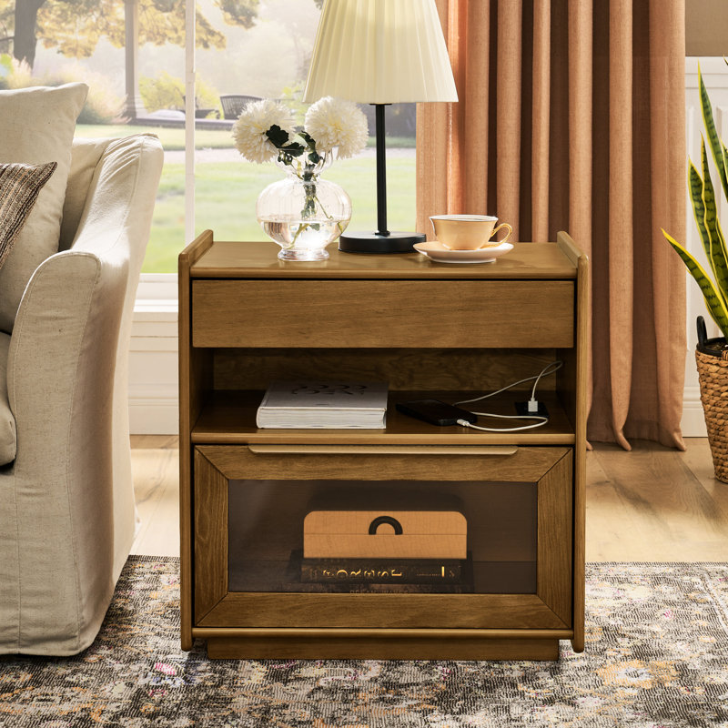 Nightstand, Charging Function, 2 Drawers, Mid Century Modern Look, , Wear - , Dorm Walnut Side Cabinet, Style, Easy To Clean, Living Room