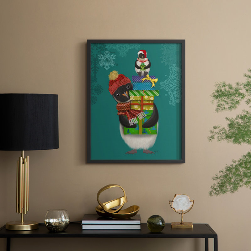 Cadeaux de Noël pingouin, reproduction encadrée - bois massif, H 11 po x l 9 po, Noir, noir, noir, noir