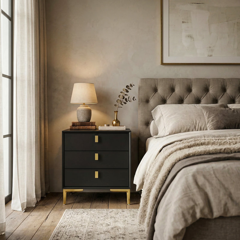 3-Drawer Modern Nightstand With Metal Legs, Black