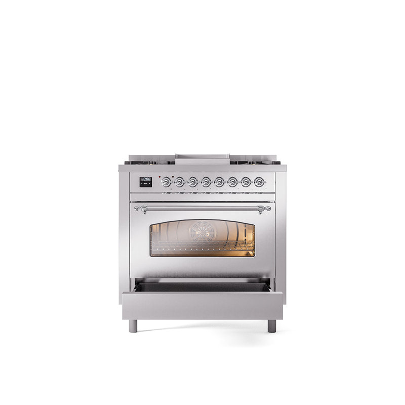 ILVE Nostalgie II 36 Dual Fuel Range, knobs, Stainless Steel/Chrome, Natural Gas