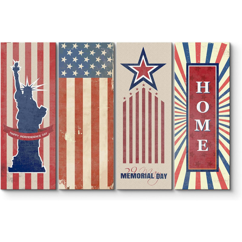«American Flag Stars Stripes Statue of Liberty», ensemble de 4 reproductions sur toiles tendues