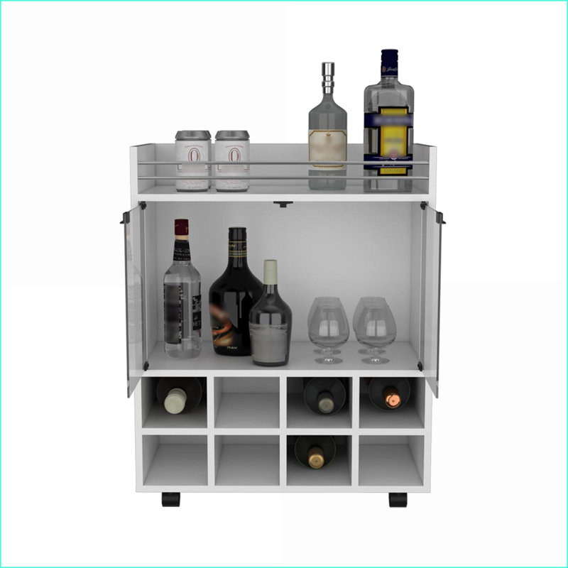 Chariot-bar avec porte-bouteilles & amp; Portes de verre modernes | Blanc neige | Bois d'ingénierie