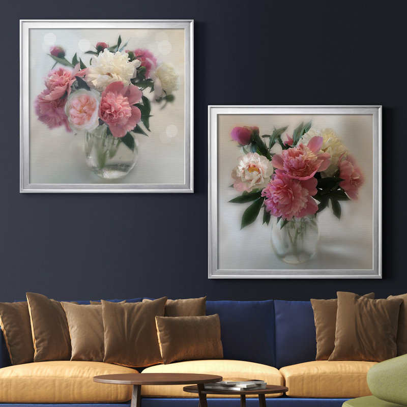 Peony Magic I - ensemble de 2 reproductions d'art graphique, H 22,5 po x l 45 po x P 1,5 po, Toile encadrée argentée