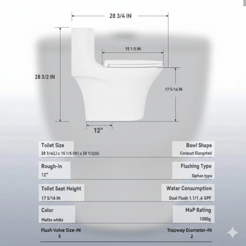 One-piece elongated toilet with 1.1/1.6 GPF vortex flushing, 12-inch siphonic S-trap, soft-closing seat, flush buttons located on the tank top, robust dual-flush performance (1000g MAP), and a 17-inch ADA comfort-height chair seat in glossy white.