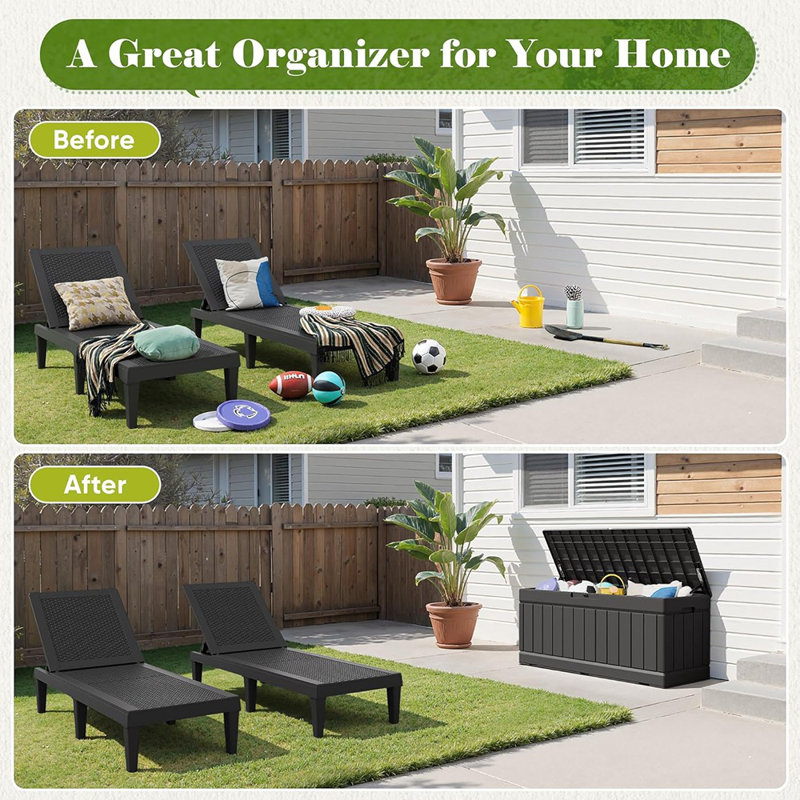 80-Gallon Outdoor Resin Storage Box, Waterproof Deck Box With Wood Texture, Large Patio Cushion Bin – Black