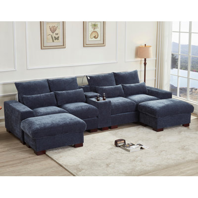 132" U Shape Sectional Sofa Cloud Couch With Removable Ottomans，USB & TYPE-C& Wireless charging