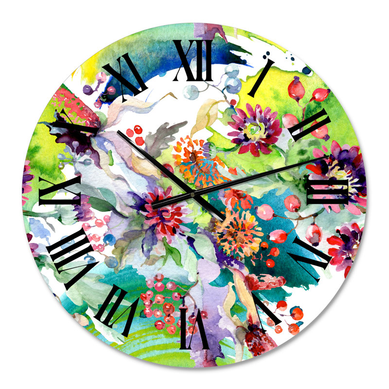 Horloge murale moderne Vibrant Wild Spring Leaves and Wildflowers X, Surdimensionné