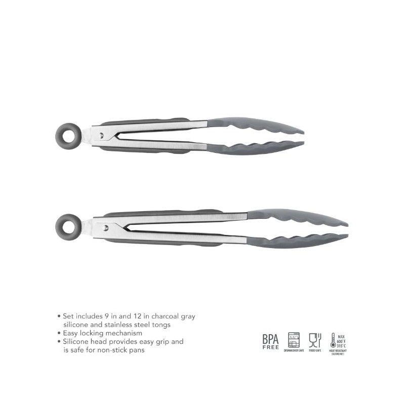 Stainless Steel Silicone Grip Tongs - Set of 2