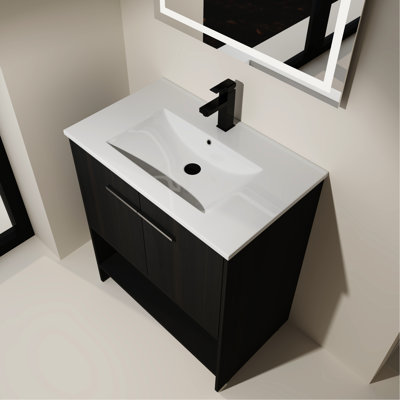 Meuble-lavabo autoportant de 30 po et lavabo en céramique. 2 portes à fermeture douce. Fabrication en contreplaqué de chêne noir. Fiable. Facile à assembler. Bassin enchanteur. Conception américaine avec unité de porte. Contreplaqué.