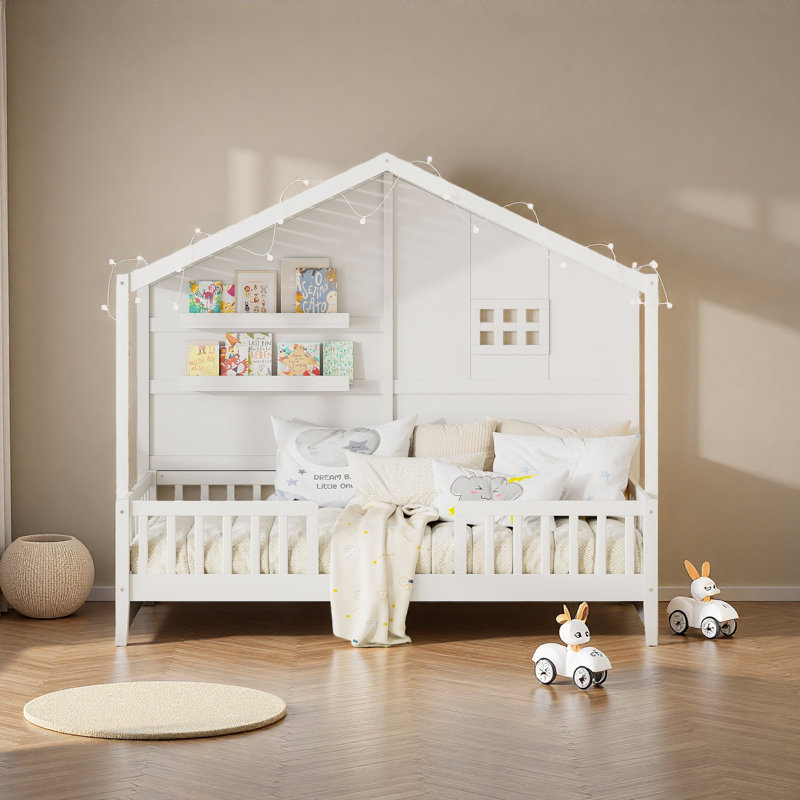 Lit simple avec tablettes, lit maison avec fenêtre et bande lumineuse étincelante sur le toit, Blanc