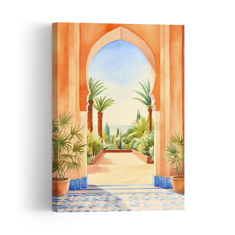 Arche marocaine, vue sur le jardin, paysage abstrait de palmiers, art mural nature, H 24 po x l 16 po