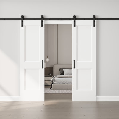 No Assembly Required Panel, Double Sliding Barn Door Hollow White Primed Surface Paintable Closet Pantry Doors with Installation Hardware
