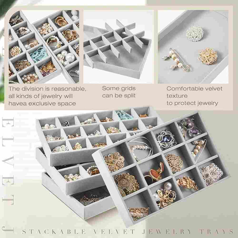 12 pièces de plateau à bijoux en velours empilable avec rangement pour bijoux et boucles d'oreilles divisées