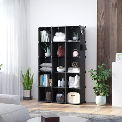 Organisateur de rangement à 16 cubes, étagère modulaire à monter soi-même, étagères de rangement empilables en plastique pour chambre, salon et maison, noir