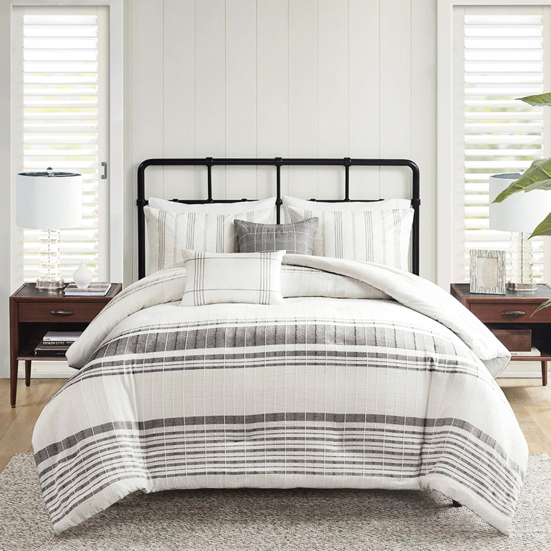 Ensemble de literie en coton 5 pièces très grand / très grand - blanc avec coussins décoratifs gris, rayures tissées, housse de couette à vapeur lavable à la machine et fermeture à glissière horizontale dissimulée sans produits chimiques